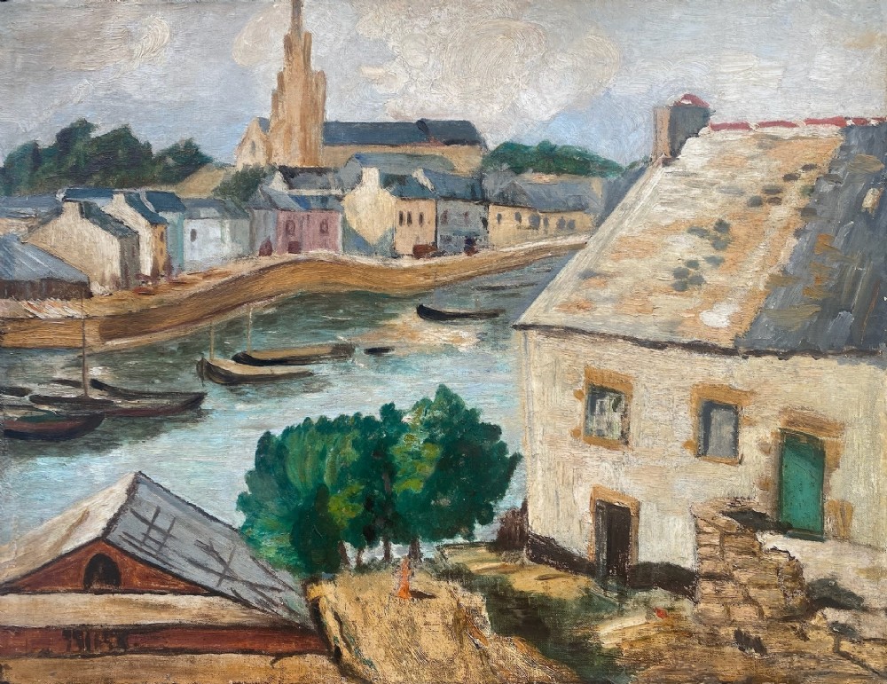 A Post-Impressionist oil painting depicting a harbour town with white houses, green trees, boats on water, and a tall church spire in the background.