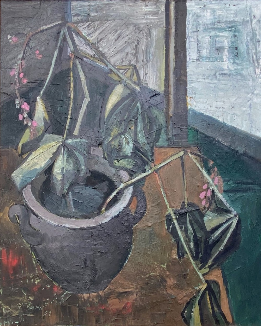 An abstract mid-century oil painting on canvas depicting a potted plant with unfurling leaves in muted grey, brown, and green tones.