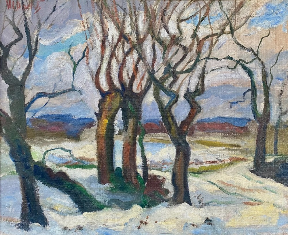 Fauve trees in winter, colourist snow scene, ca 1934, woman artist art deco period oil on board