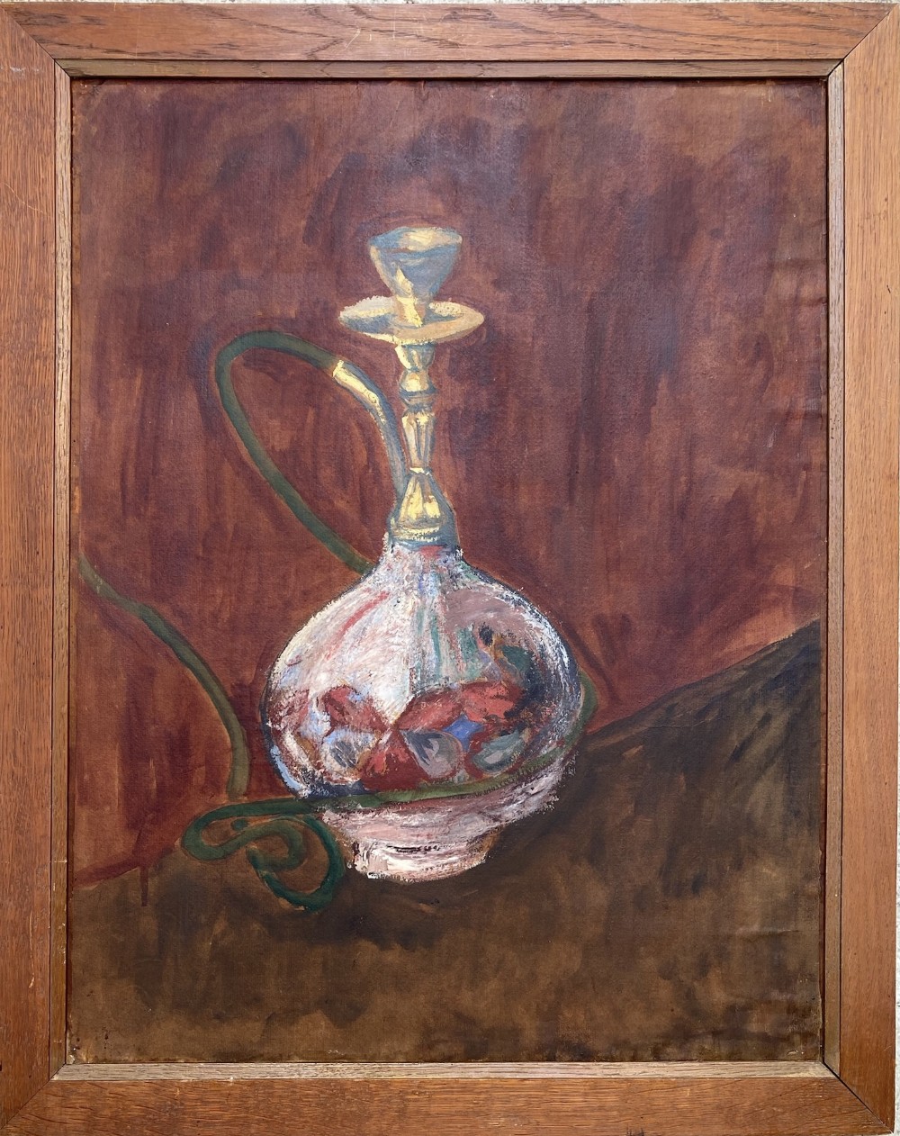 A framed 1922 encaustic canvas painting depicting a detailed waterpipe resting on a warm brown background.