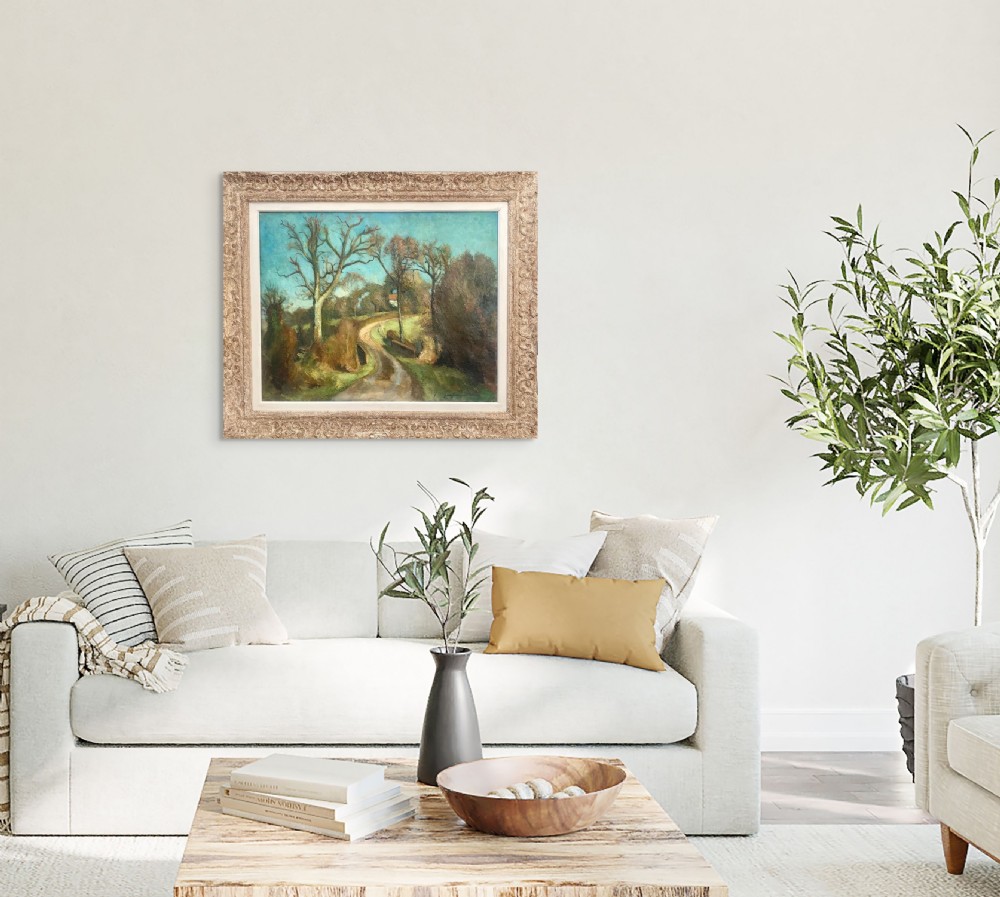 A French Post-Impressionist oil painting on canvas depicting a winding dirt path through countryside trees, framed in a carved cream wood frame. View VII