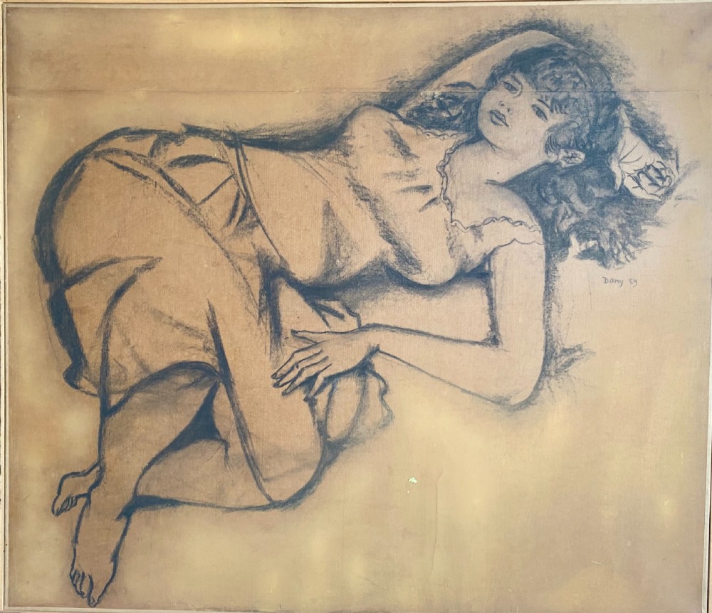 Summer Siesta 1959 New Wave period large drawing relaxed young woman daydreaming charcoal on paper on canvas drawing
