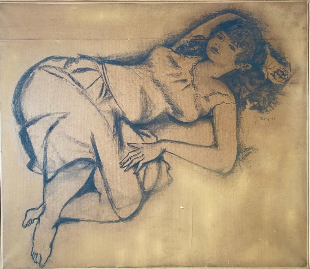 Summer Siesta 1959 New Wave period large drawing relaxed young woman daydreaming charcoal on paper on canvas drawing View II