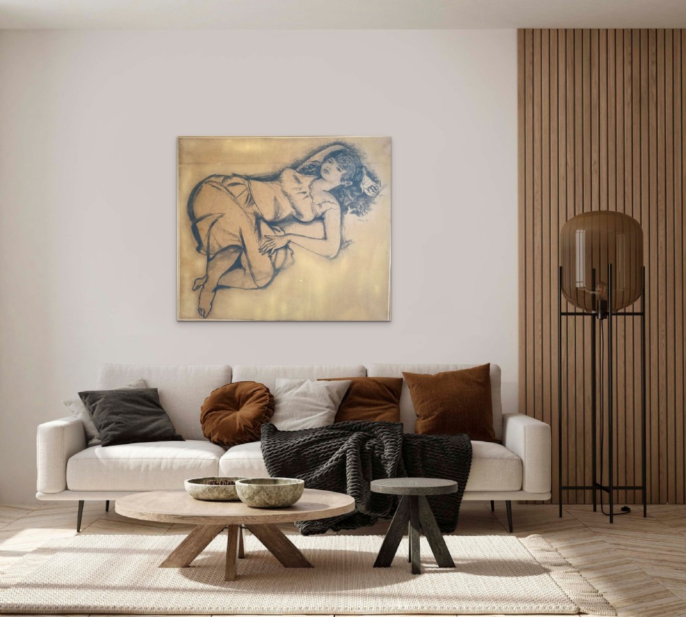 Summer Siesta 1959 New Wave period large drawing relaxed young woman daydreaming charcoal on paper on canvas drawing View V