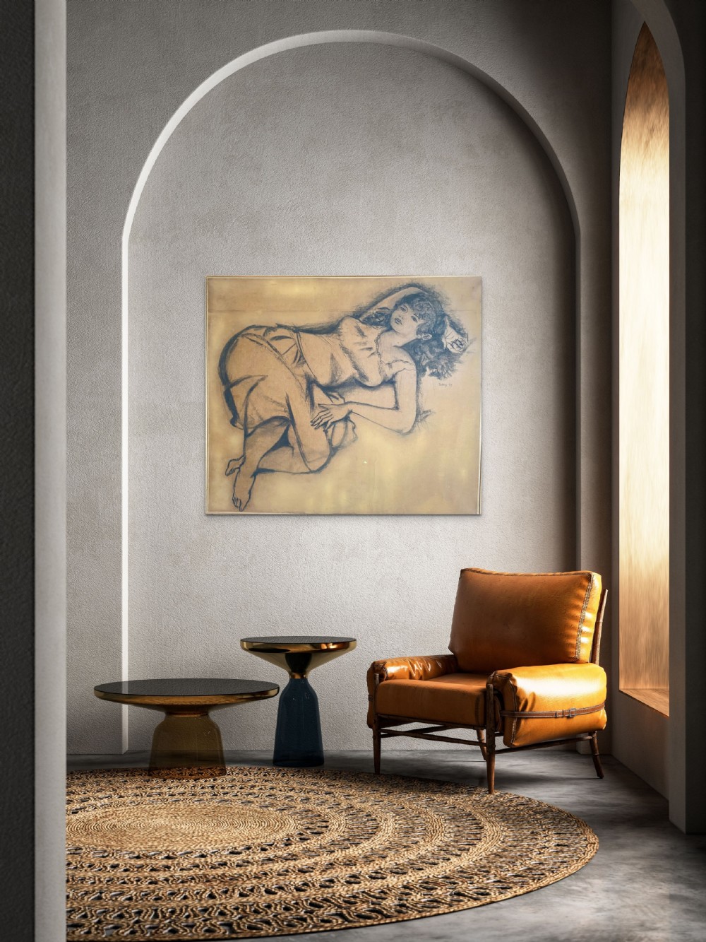 Summer Siesta 1959 New Wave period large drawing relaxed young woman daydreaming charcoal on paper on canvas drawing View VII