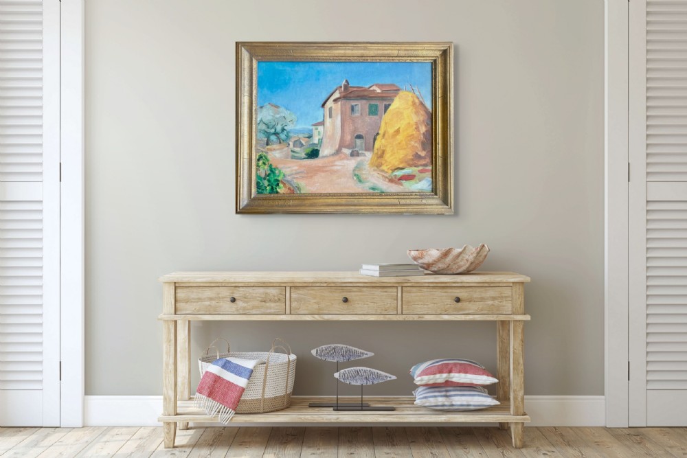 A French landscape oil painting depicting a terracotta farmhouse alongside a large golden haystack and laundry drying on the ground. View IV
