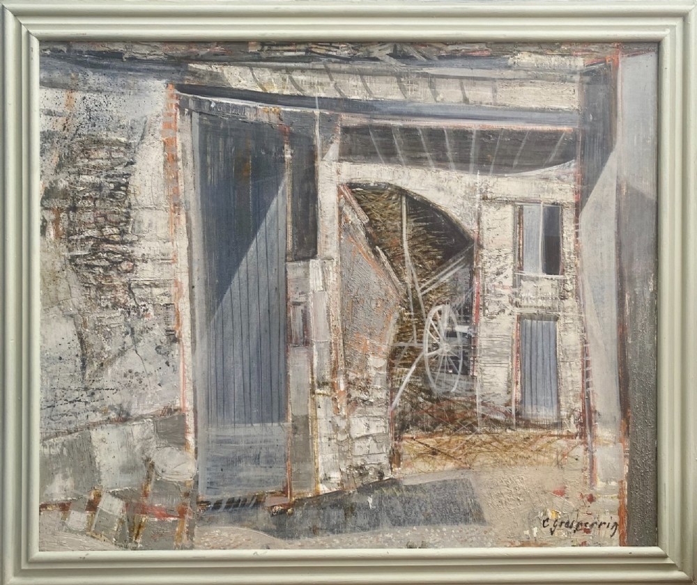A mid-century French modernist oil painting on canvas depicting a rustic barn interior and exterior structure in muted grey and neutral tones, housed within a painted light grey wooden frame.