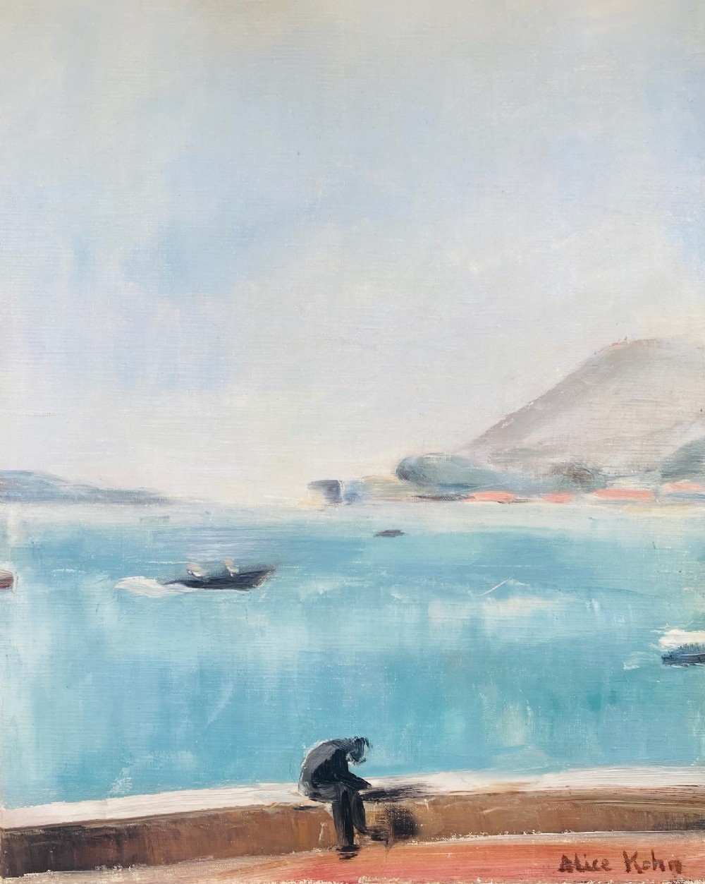 An impressionistic oil painting on canvas depicting a seated figure reading along a seafront wall overlooking turquoise waters and distant hills.