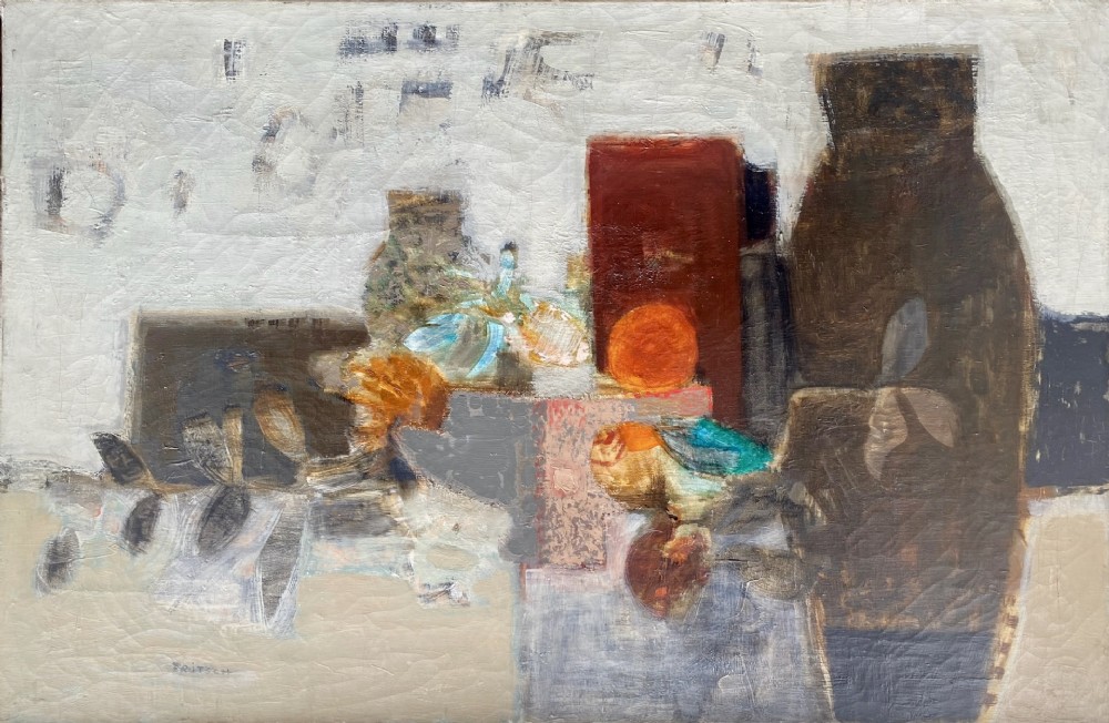 A large mid-century abstracted oil painting on canvas depicting pottery, flowers, and fruit in shades of brown, terracotta, teal, and off-white.