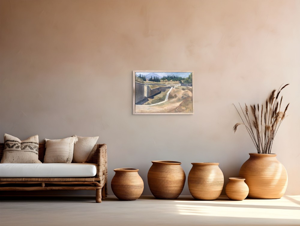 An oil painting on canvas depicting an abstracted landscape with stone Roman ruins, green cypress trees, and distant mountains under a pale blue sky. View III