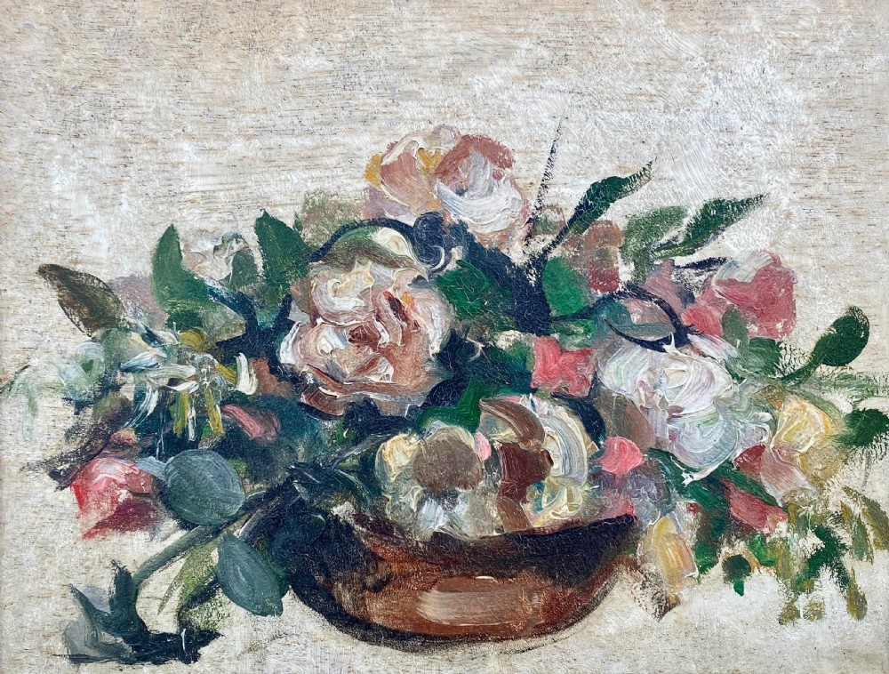 A basket of Roses, ca 1920: museum exhibited French floral still life post impressionist oil on panel