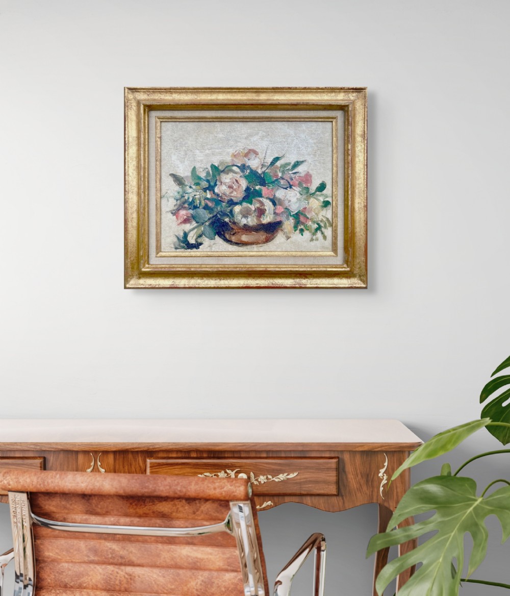 A basket of Roses, ca 1920: museum exhibited French floral still life post impressionist oil on panel View IV