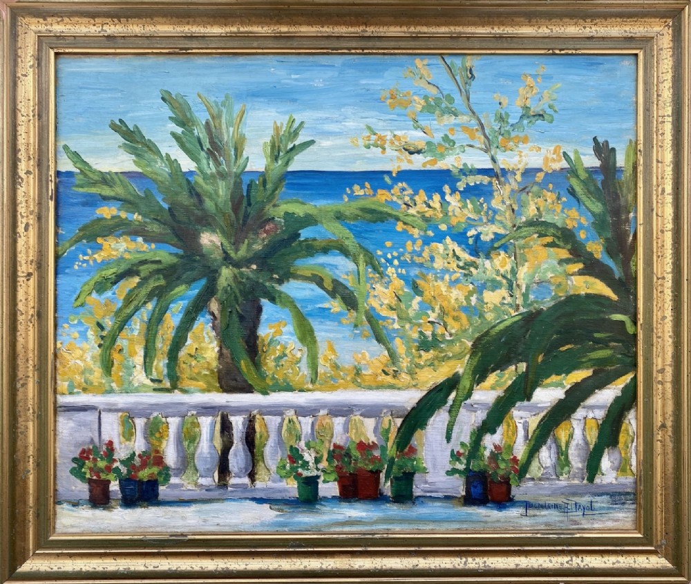 A patio overlooking the sea, ca 1920, Oran mediterranean summer scene French woman artist oil on canvas
