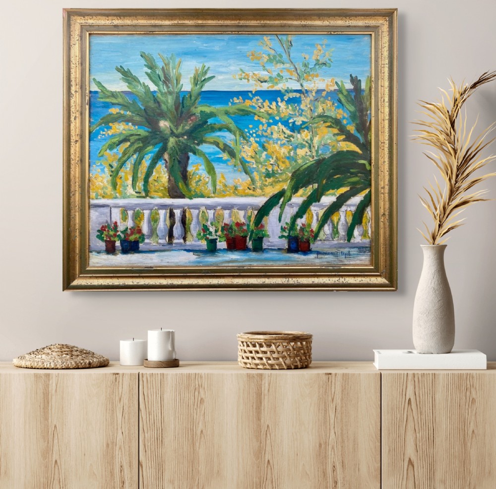 A patio overlooking the sea, ca 1920, Oran mediterranean summer scene French woman artist oil on canvas View II