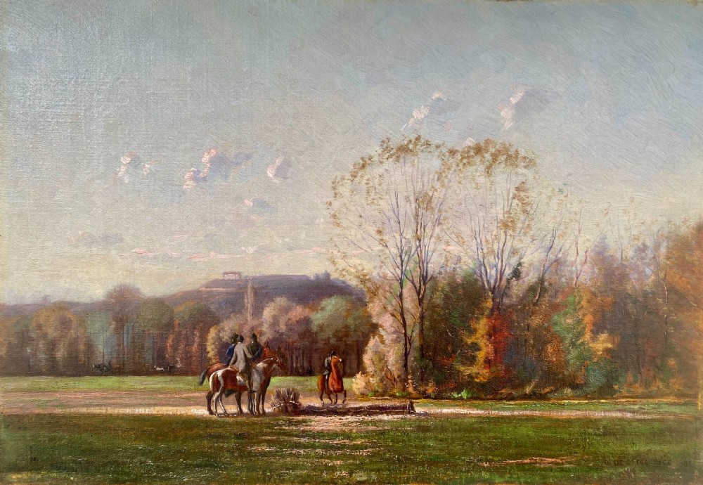 An antique oil painting depicting equestrian riders on horses gathered beside an autumn wood under a soft blue sky.
