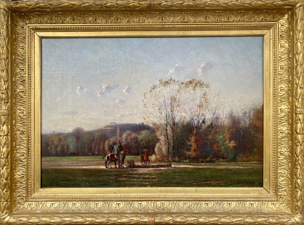 An antique oil painting depicting equestrian riders on horses gathered beside an autumn wood under a soft blue sky. View II