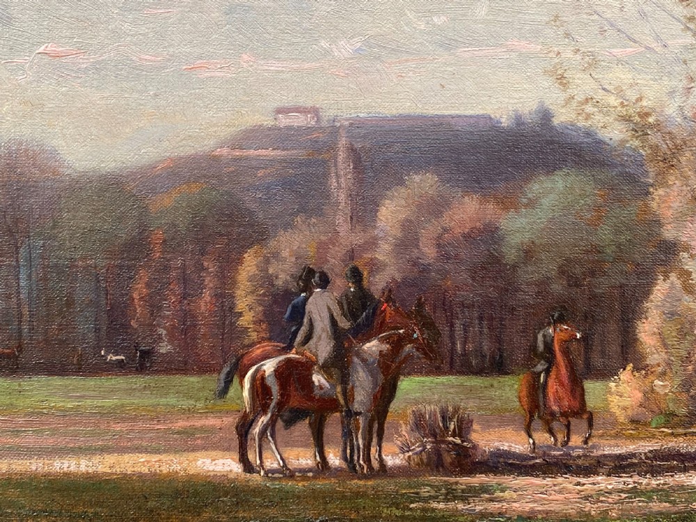 An antique oil painting depicting equestrian riders on horses gathered beside an autumn wood under a soft blue sky. View VI