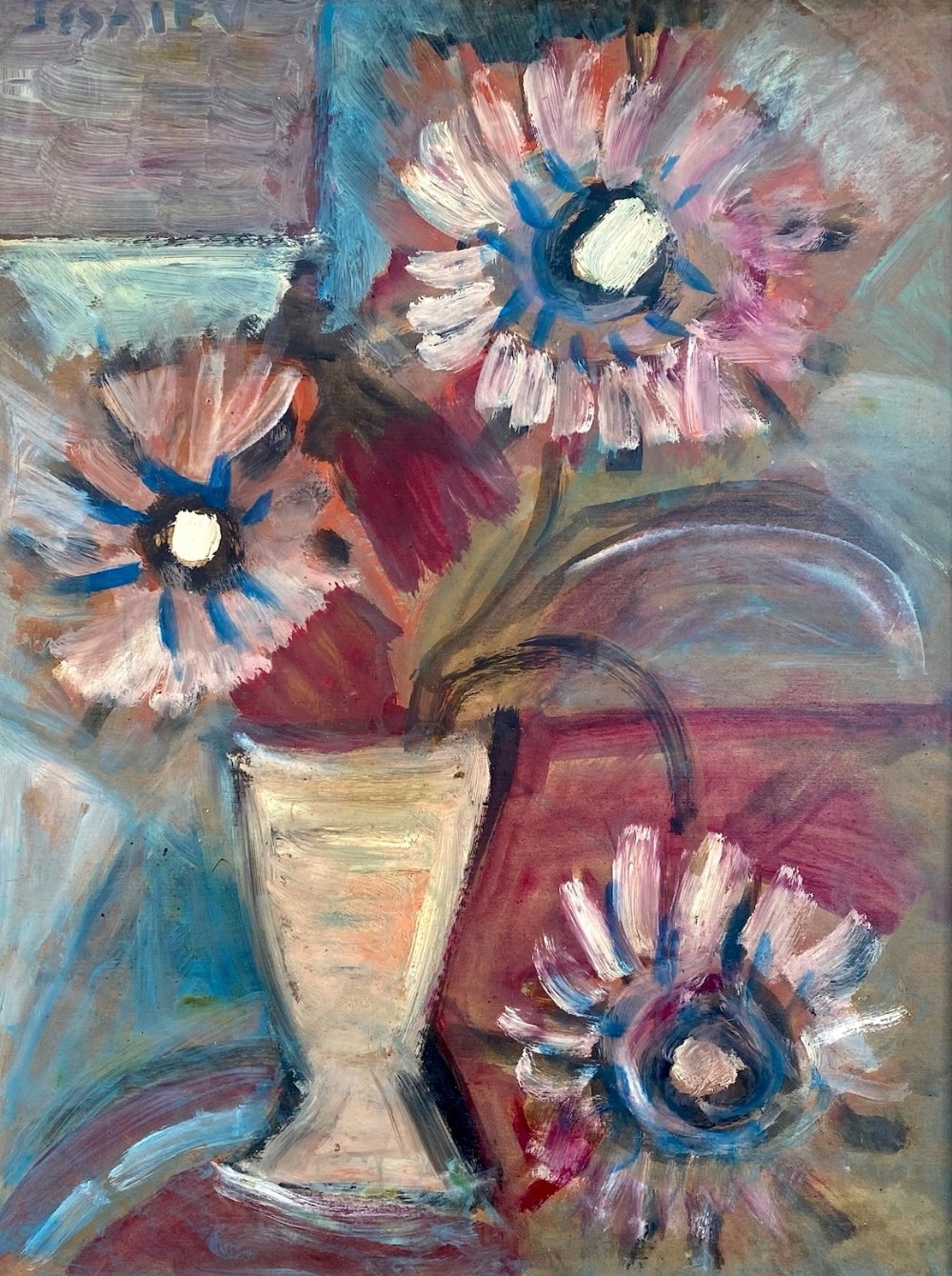 Cubist Flowers, ca 1950, Abstracted Floral Fauve Still Life by Franco Russian Ukrainian Nicolas Issaiev oil on board