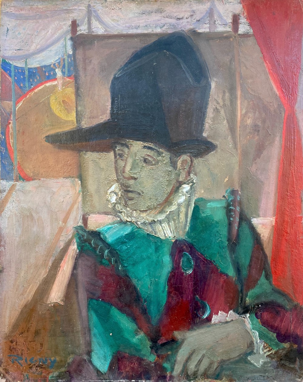 The Harlequin, 1918: poignant avant grande oil on board View II