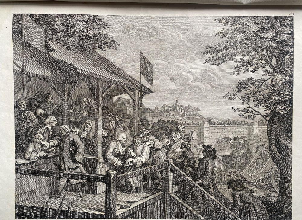 Hogarth’s ‘Election Series’ & Famous Radical Portraits, political satire: rare suite of 6 Riepenhausen c.1794 copperplate engravings