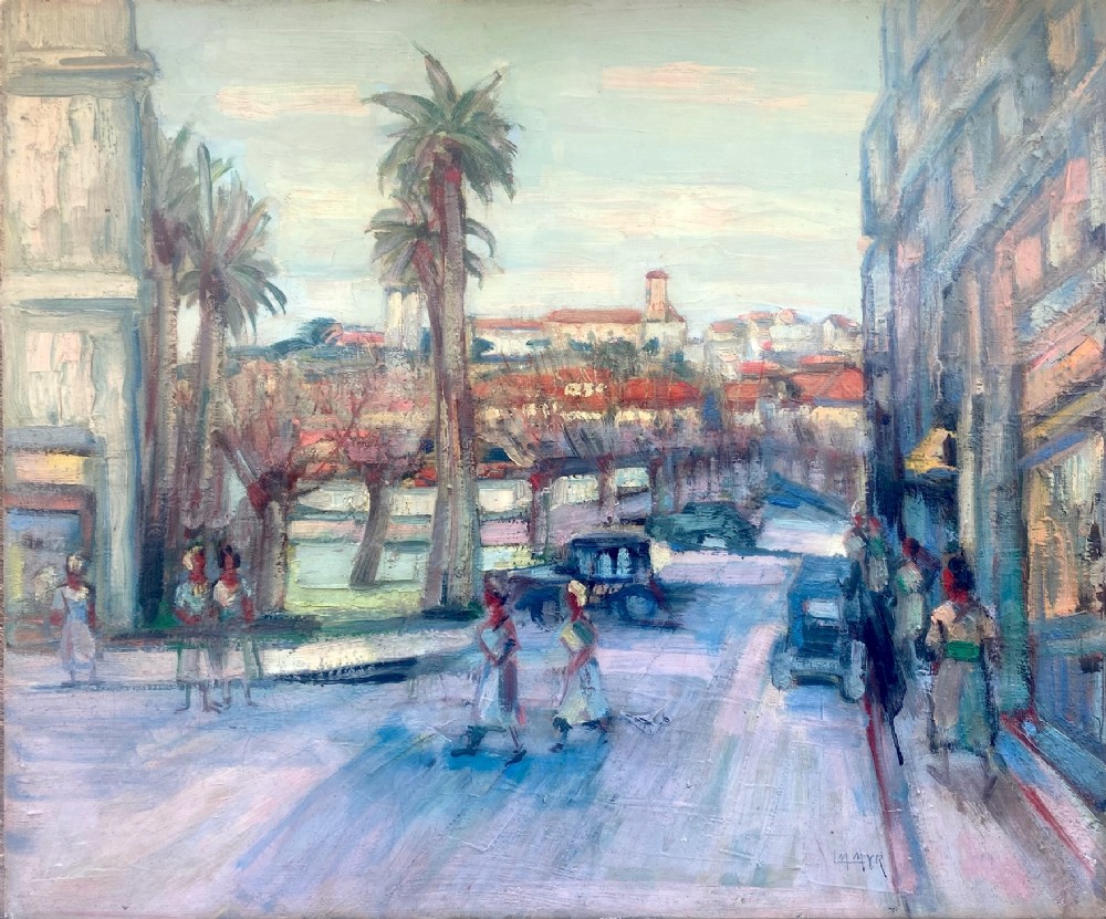 A mid-century French colourist oil painting depicting a sunlit Mediterranean street scene with palm trees, buildings, and figures.