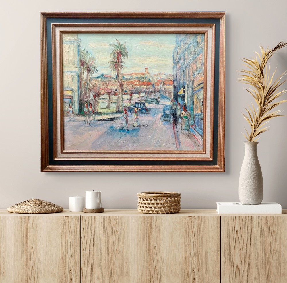 A mid-century French colourist oil painting depicting a sunlit Mediterranean street scene with palm trees, buildings, and figures. View VII