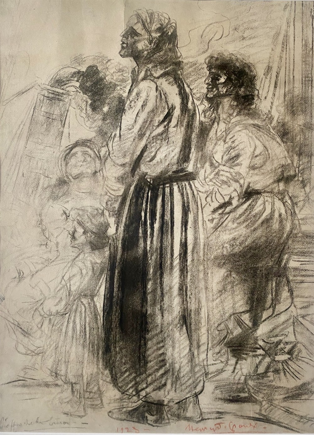 A monochrome 1923 charcoal drawing on paper depicting standing coastal figures in draped garments looking upward.