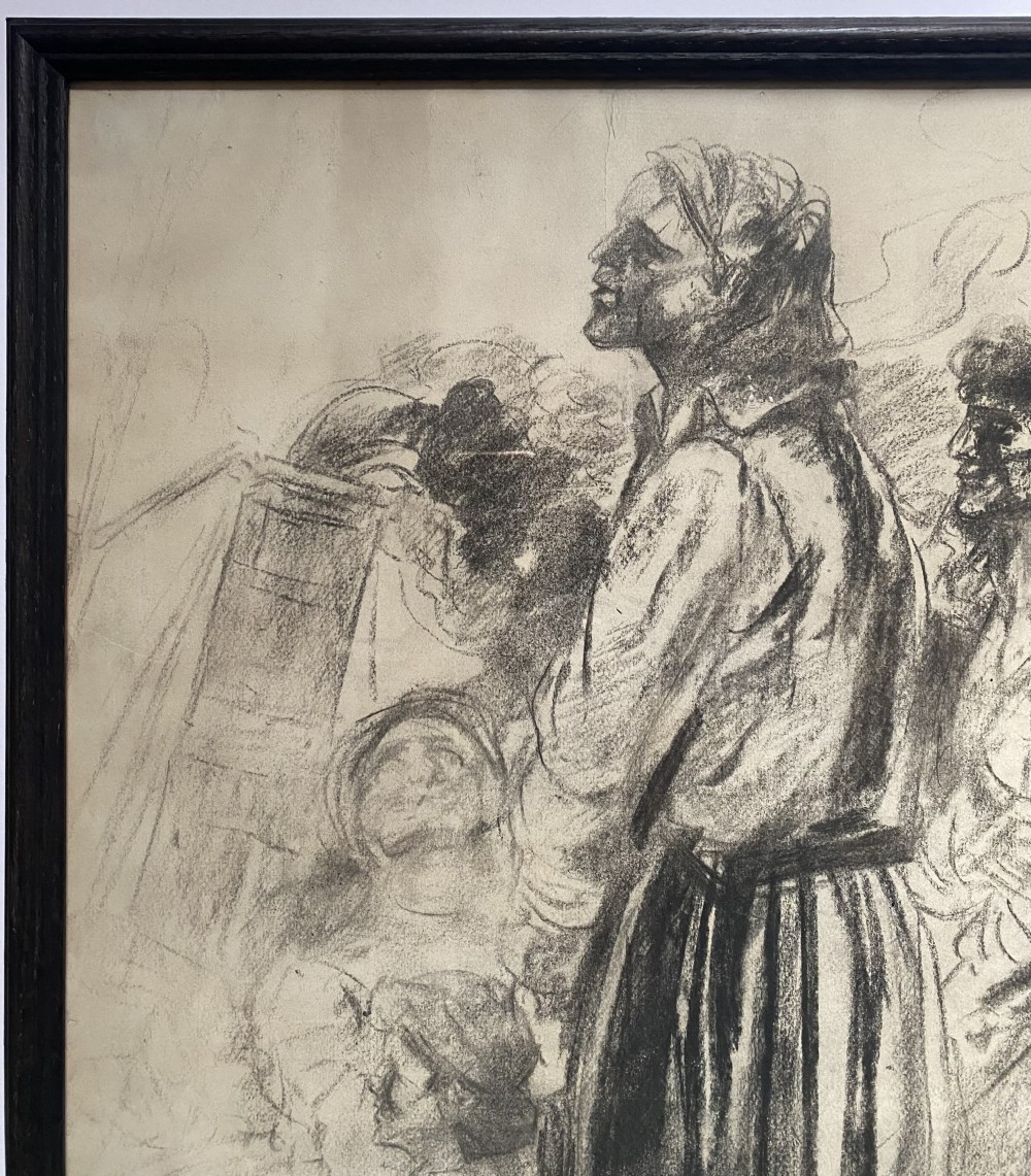 A monochrome 1923 charcoal drawing on paper depicting standing coastal figures in draped garments looking upward. View VI