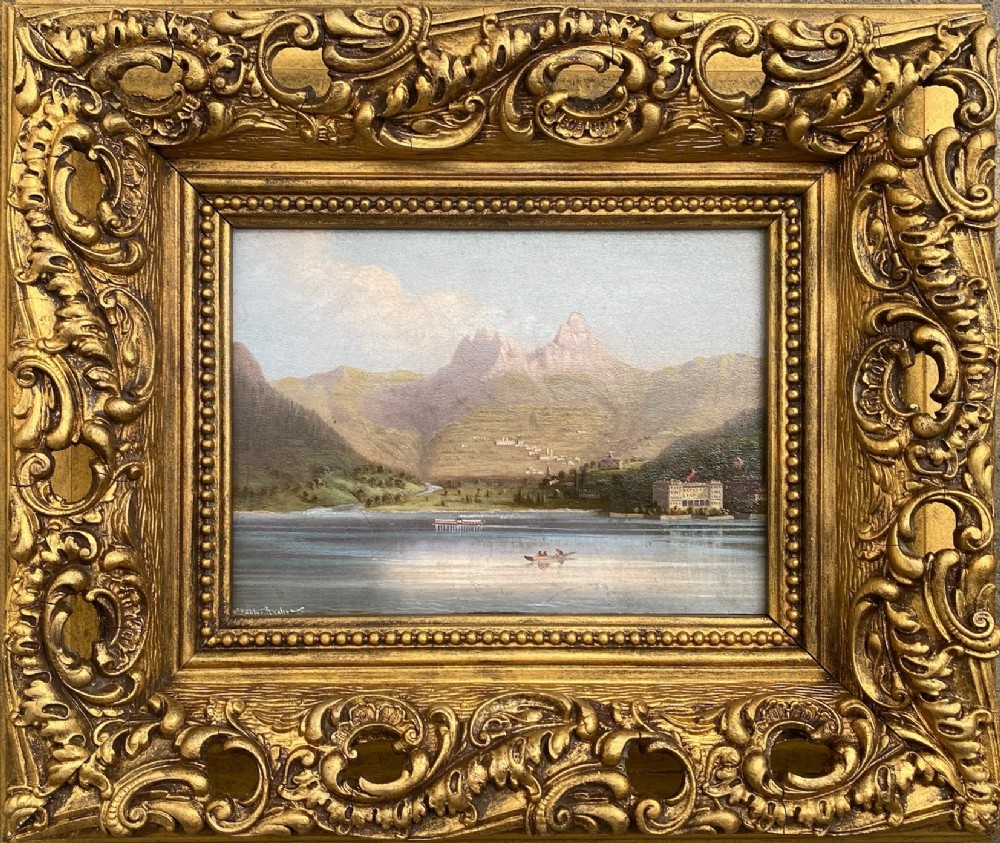 Magic Mountain: a boating summer holiday, ca 1890: Lake Lucerne Swiss majestic miniature oil on panel painting