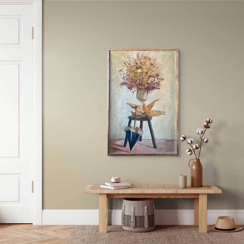 Mid-century French oil painting on canvas depicting a still life arrangement with dried flowers in a glass vessel atop a wooden stool. View VII