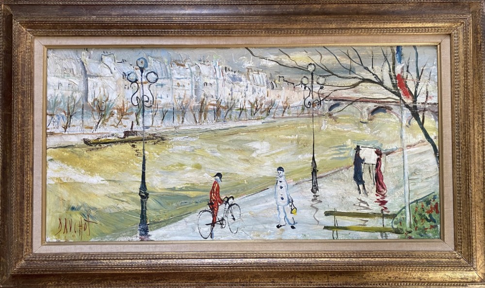A mid-century oil painting depicting a Parisian river quay with figures including Pierrot, Harlequin on a bicycle, and an artist at an easel. View III