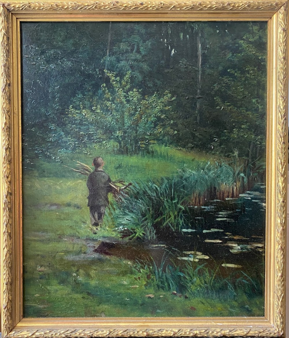 Young boy in the Forest, gathering firewood, ca 1880 French Barbizon oil on canvas