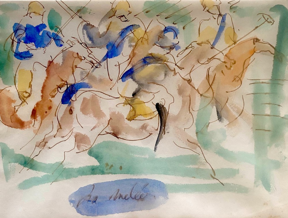 An expressionist watercolour and ink painting on paper depicting polo players and horses in motion with blue, brown, and green fluid washes.