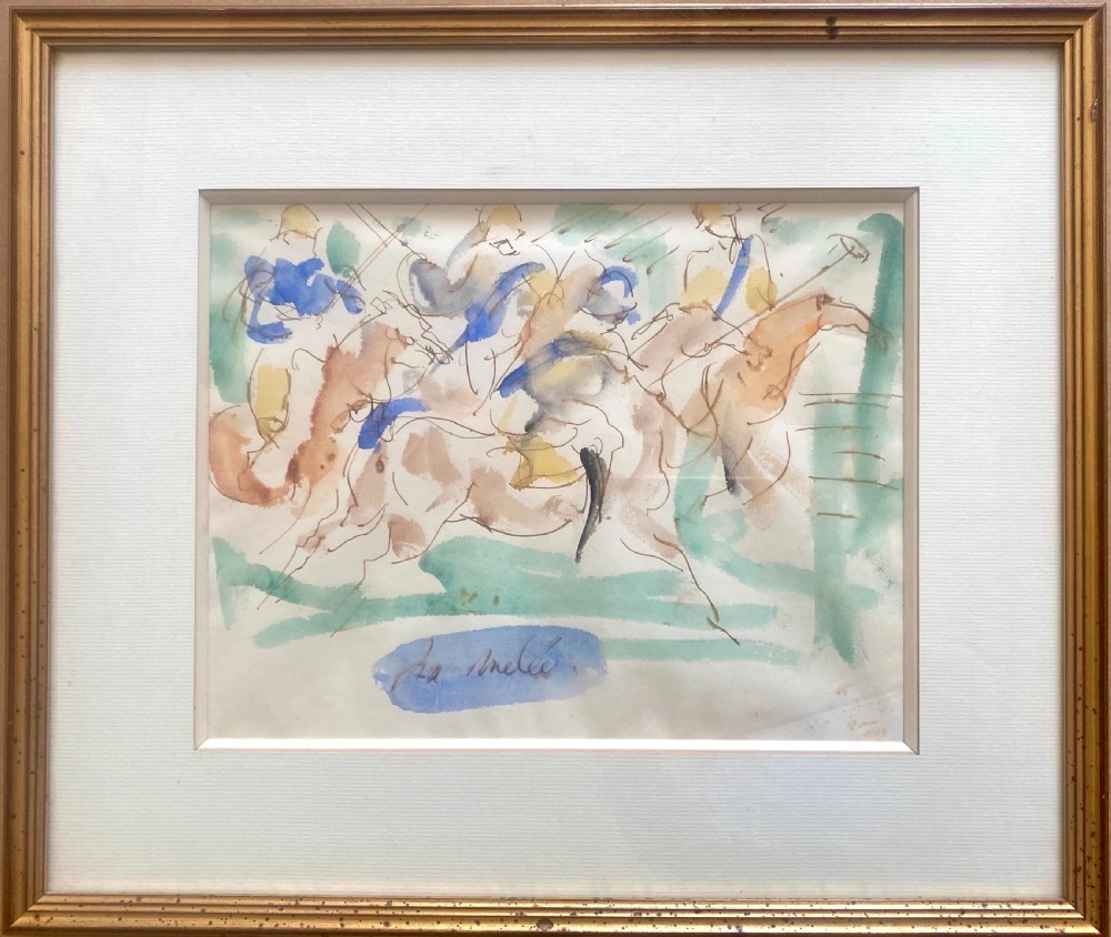 An expressionist watercolour and ink painting on paper depicting polo players and horses in motion with blue, brown, and green fluid washes. View II