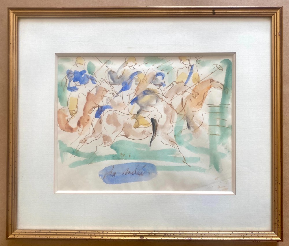 An expressionist watercolour and ink painting on paper depicting polo players and horses in motion with blue, brown, and green fluid washes. View V