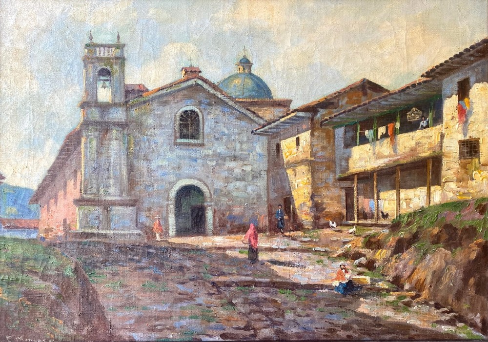 An impressionist oil painting depicting a sunlit Latin American village plaza with a colonial church, tile-roofed buildings, and figures walking on a cobblestone road.
