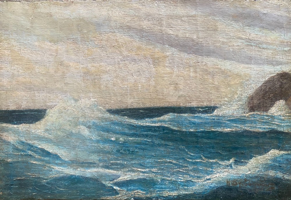An antique oil painting on canvas depicting a cresting ocean wave hitting a rocky shoreline under an overcast grey sky.