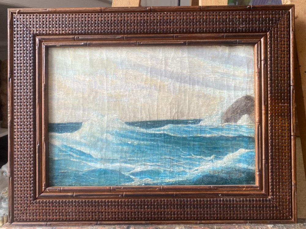 An antique oil painting on canvas depicting a cresting ocean wave hitting a rocky shoreline under an overcast grey sky. View III