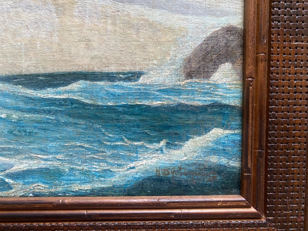 An antique oil painting on canvas depicting a cresting ocean wave hitting a rocky shoreline under an overcast grey sky. View V