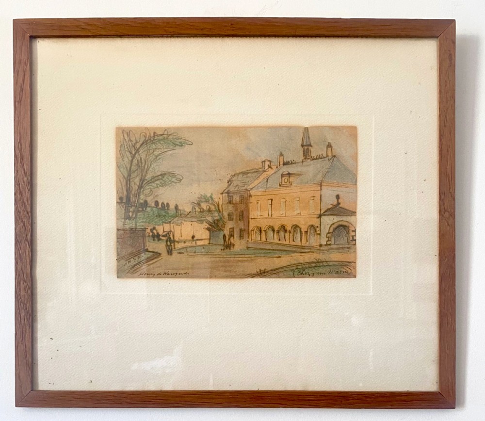 A mid-20th-century ink and watercolour drawing depicting a French town hall in Chezy-sur-Marne with arched arcades and figures under a muted sky. View VI