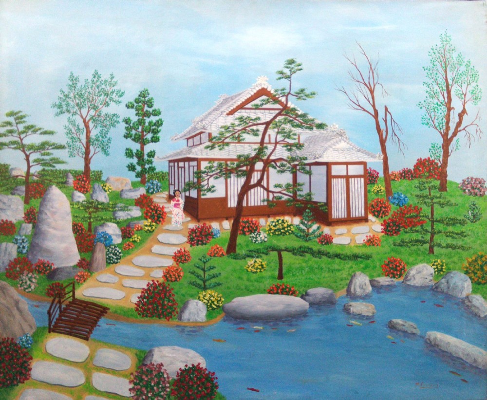 An oil painting on canvas depicting a Japanese tea house set within a structured garden featuring a pond, stepping stone paths, trees, and colourful flowering bushes.