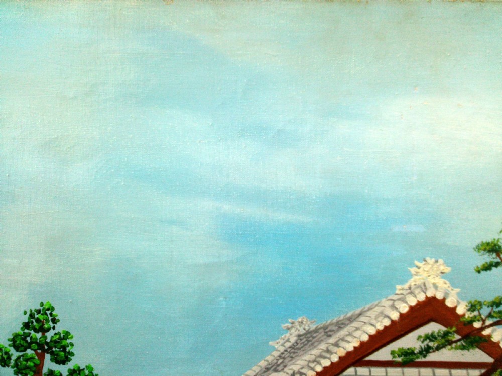 An oil painting on canvas depicting a Japanese tea house set within a structured garden featuring a pond, stepping stone paths, trees, and colourful flowering bushes. View IV