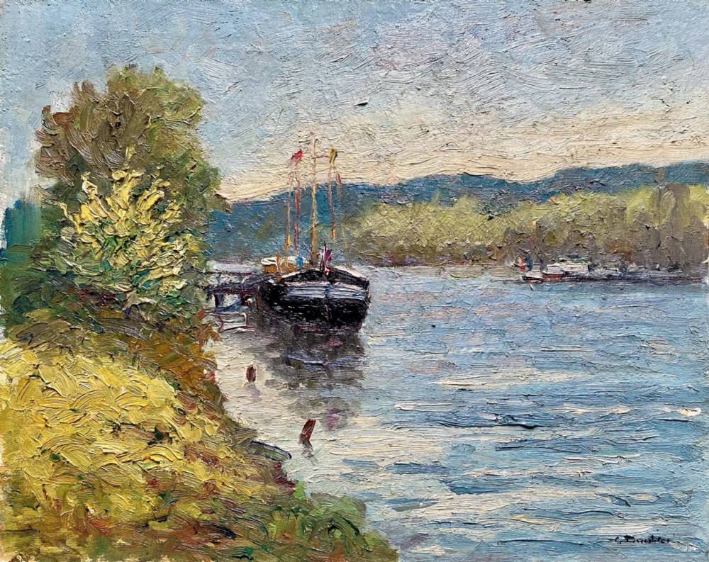 The Seine near Giverny, Normandy, ca 1960, French Post Impressionist  oil on canvas