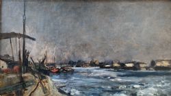 BARGES ON THE SEINE CA 1878 PLEIN AIR PAINTING NORMANDY ATMOSPHERIC FRENCH RIVER LANDSCAPE OIL ON CANVAS