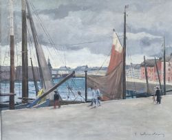 FIGURES ON THE HARBOUR PROMENADE BRITTANY CA 1940 DYNAMIC MODERNIST FRENCH OIL ON CANVAS
