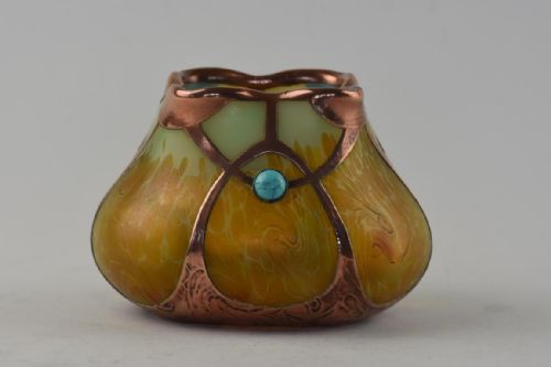 secessionist iridescent glass vase with copper overlay and turquoise cabochons by ferdinand von poschinger - CATEGORY: ANTIQUE GLASS - DATED 1900