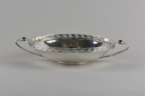 a e jones arts and crafts hammered 2 handled silver dish with cabochons - CATEGORY: ANTIQUE SILVER - DATED 1910