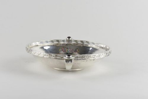 A E JONES ARTS AND CRAFTS HAMMERED 2 HANDLED SILVER DISH WITH CABOCHONS - ADDITIONAL PHOTO 1