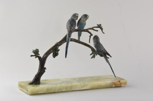 an austrian cold painted bronze group of 3 blue budgerigars perched on branches - CATEGORY: ANTIQUE SCULPTURES - DATED 1910