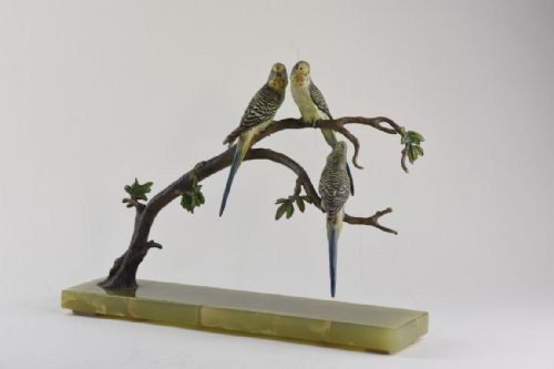 an austrian cold painted bronze group of 3 green budgerigars perched on branches - CATEGORY: ANTIQUE SCULPTURES - DATED 1910